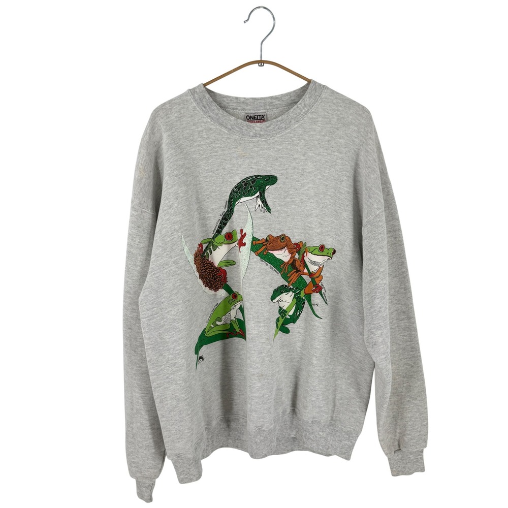 Vintage Oneita Frog Sweatshirt Gray XL Nature Graphic 90s Power Sweats Wildlife